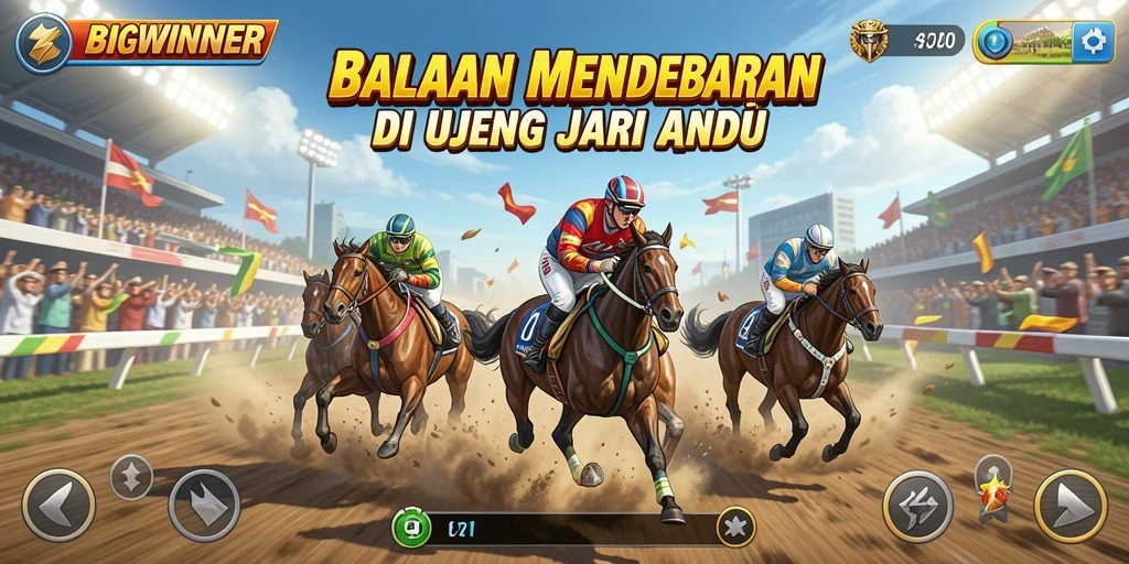 Tangkapan layar utama BIGWINNER menampilkan pebalap melaju kencang di trek balap yang menantang.
