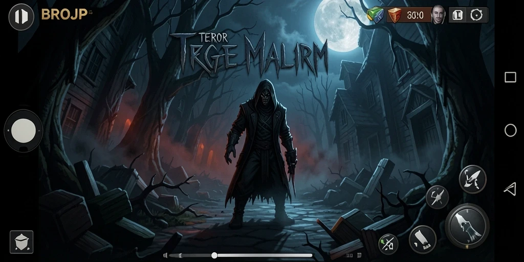 Tampilan gameplay menegangkan dari BROJP di tengah kegelapan.