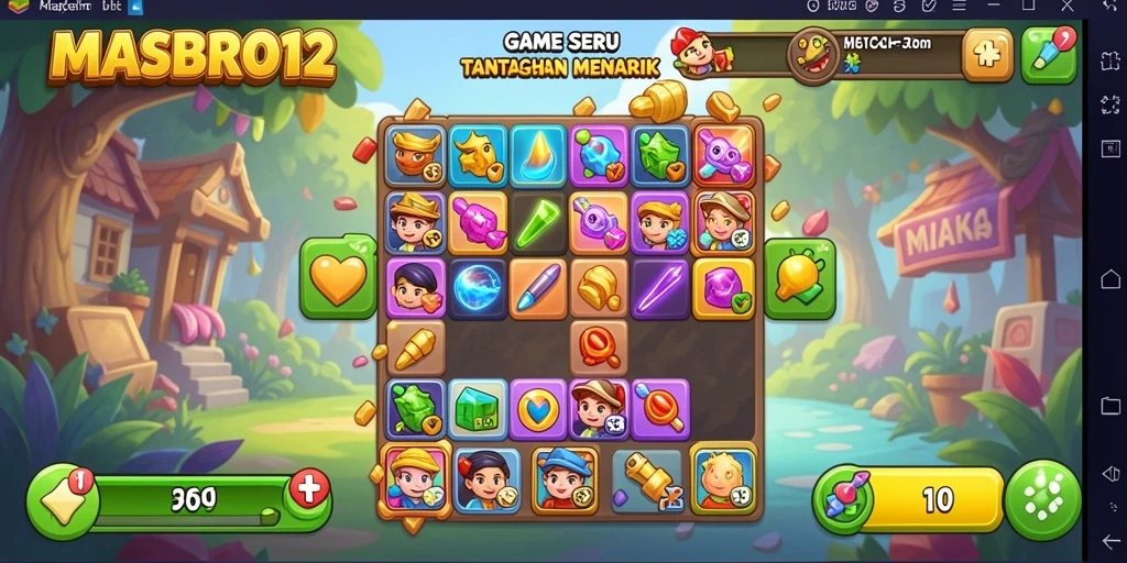 Screenshot gameplay MASBRO12, menunjukkan aksi seru Match-3 yang penuh warna.
