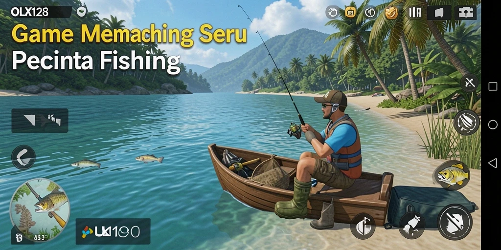 Tampilan gameplay OLX128 saat memancing di lokasi indah dengan berbagai jenis ikan.