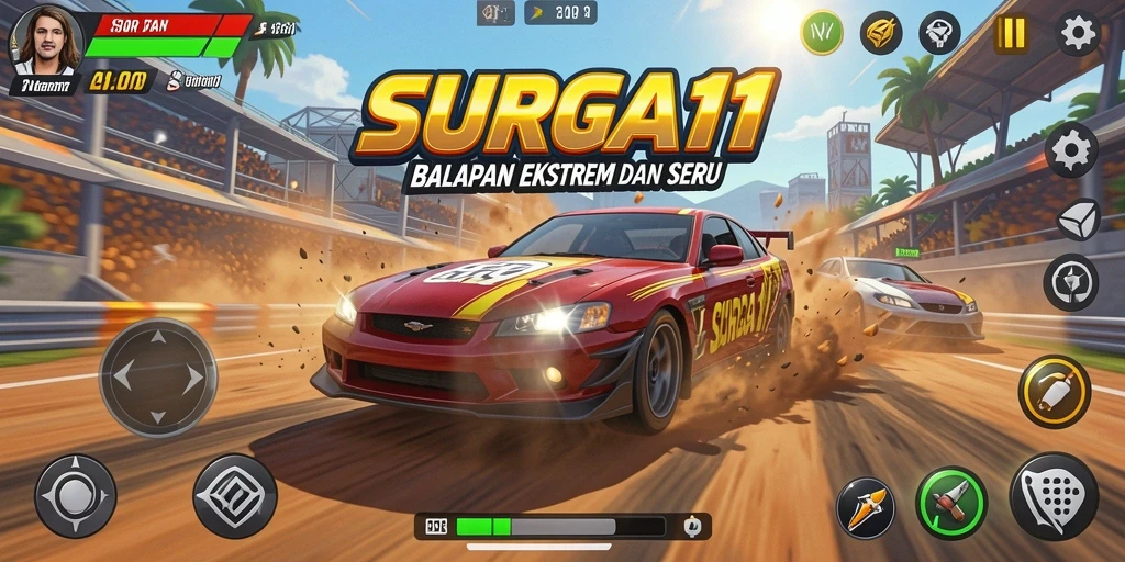 Screenshot SURGA11 menampilkan aksi balapan yang mendebarkan.